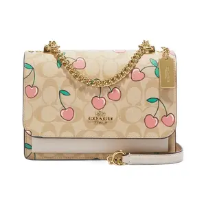 COACH Klare 22 Heart Cherry Print Coated Canvas and Smooth Leather Crossbody Bag for Women, Small Size, Brown Monogram with White