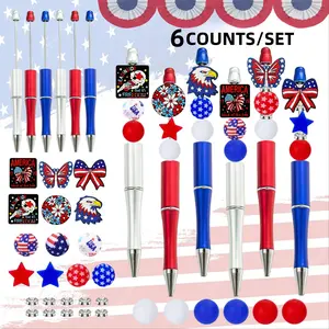 Independence Day Themed DIY Beaded Pen Set, Ballpoint Pen Kit, 6 Counts/set Beaded Pen & Silicone Bead, Creative Office Stationery Set for Independence Day