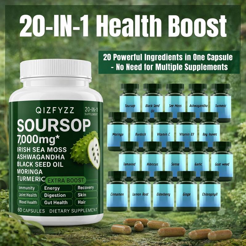 QIZFYZZ 10-in-1 Soursop Bitterness Drops & 20-in-1 Seaweed Capsules Moringa Turmeric Black Seed Ashwagandha Vegan Non-GMO Super Blend