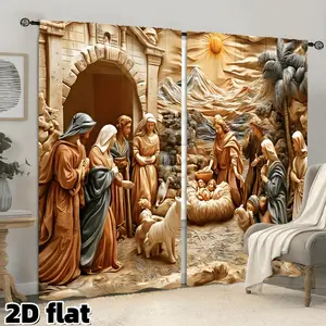 2D Flat 2Pcs Classic Religious Scene Printed Curtains, Vintage Relief Art Design, Semi-Sheer Window Treatment Panel, Golden Brown Earth Tone, Rod Pocket Style, Suitable for Living Room Bedroom Church Study Decor, Holiday Seasonal Window Accessory