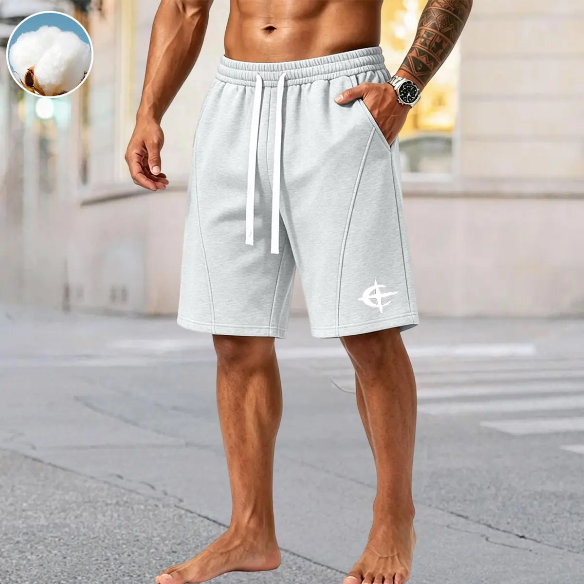 Men’s pure cotton blend casual athletic shorts featuring a drawstring elastic waistband and knee-length length; side pockets and geometric star pattern print; relaxed fit suitable for everyday walking, fitness training, jogging, and summer outdoor activit