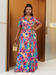 Plus Size Tropical Floral Print Deep V Neck Maxi Dress, Short Sleeve Wrap Waist High Slit, Casual Loose-Fitting, Multiple Colors