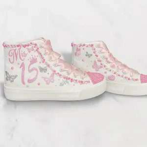 Personalized Quinceanera Steps High Top Sneakers with Butterflies and Custom Name Design. ENVIAR NOMBRE Y FECHA AL REALIZAR EL PEDIDO