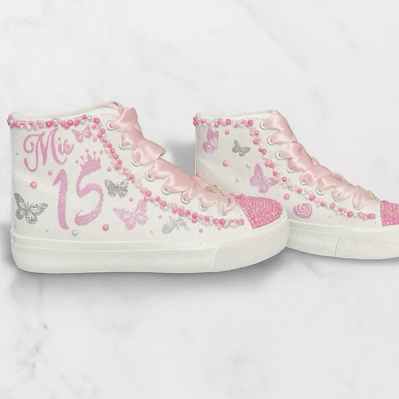 Personalized Quinceanera Steps High Top Sneakers with Butterflies and Custom Name Design. ENVIAR NOMBRE Y FECHA AL REALIZAR EL PEDIDO