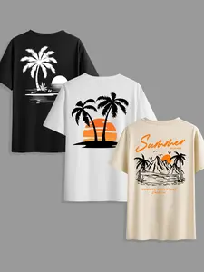 Men's Classic Versatile Letter Print Tropical Coconut Tree T-Shirt Set, Summer Round Neck Short Sleeve Casual Comfortable Tops for Outdoor Wear