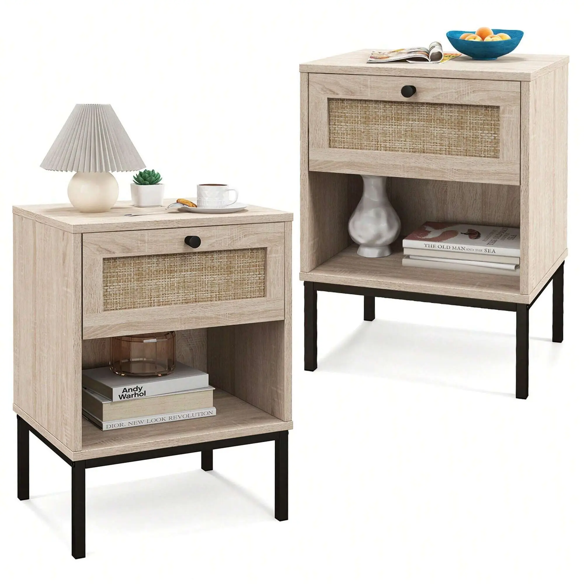 2PCS Modern Rattan Nightstand Set - Bohemian Rectangle Indoor End Tables with 2 Drawers, Open Shelf, Oak Finish Tabletop, Sturdy Legs - Living Room, Bedroom Furniture