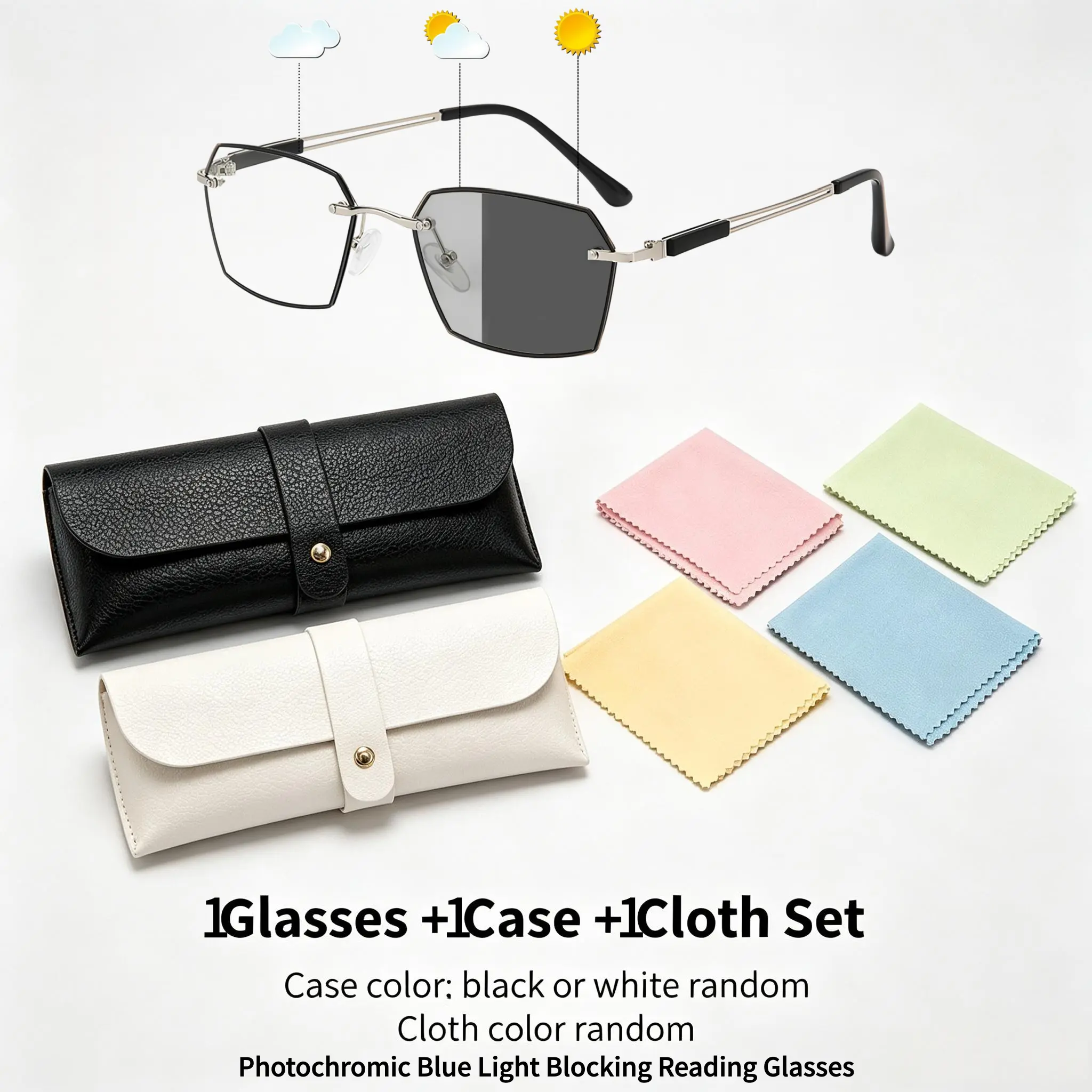 Black Auto Adjusting Reading Glasses, Rimless Photochromic Presbyopia for Men with HD Clarity, Anti Blue Light Dual Use Computer Readers Complete Set – 1 Glasses + Case & Cloth (Colors May Vary)