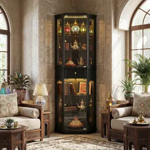 FUFU&GAGA Lighted 3-Side Glass Curio Display Cabinet with Tempered Glass Doors & Shelves, Curved Wooden Corner Cabinet with Lights, Bar Liquor Storage Rack - Ashfield Black