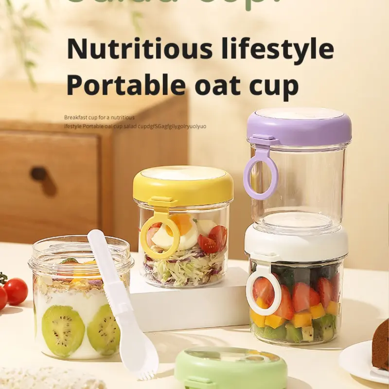 Glass Salad Cup with Lid and Spoon, Overnight Oats Container, Portable Breakfast Mug, Yogurt Bowl, Cereal Jar, Milk Cup