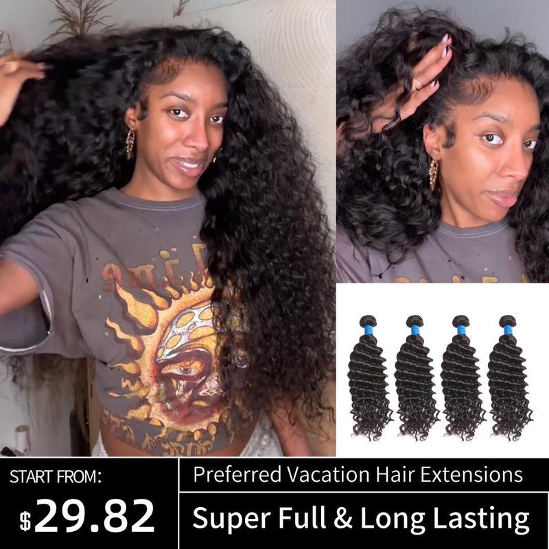 [Ashine] Vacation Hair 10A Brazilian Virgin 100% Human Hair Deep Wave Deep Curly Bundles Sew In Quick Weave Ponytail Closure Extensions One-directional Cuticles-sleek, Tangle-resistant, and Re-wearable 12-30 Inches Afro Kinky Bulk