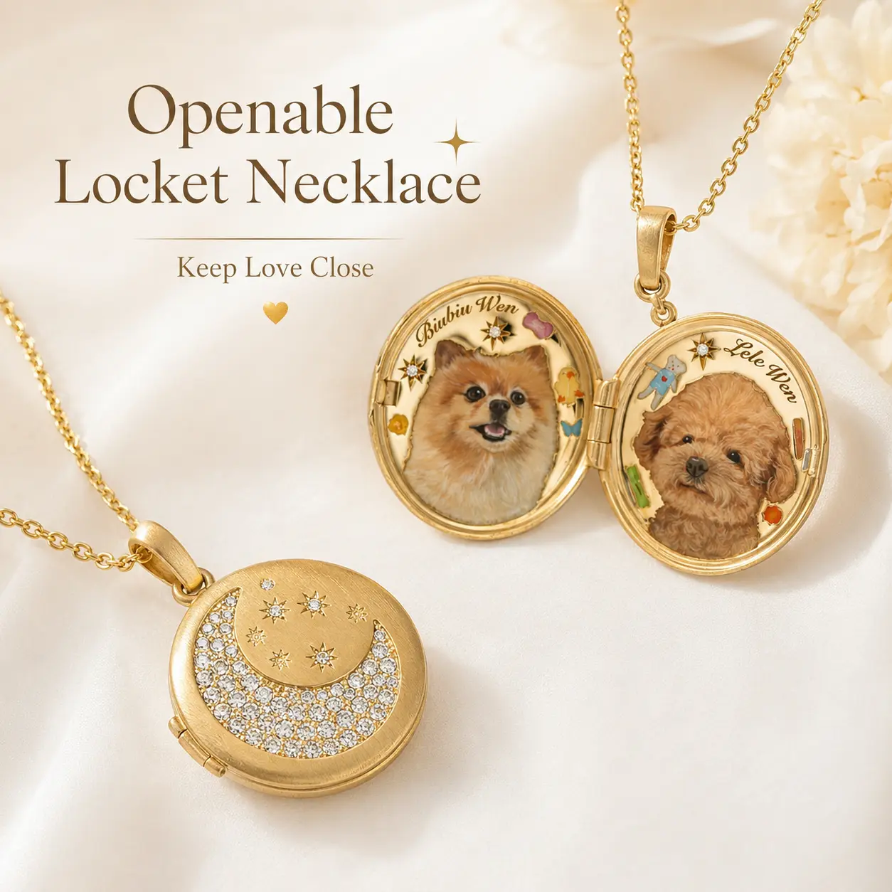 Locket Necklace - Gold Plated Copper Openable Photo Locket Pendant with Sparkling Crystal Rhinestones, DIY Picture Insert Memory Locket for Daily Wear, Anniversary, Birthday & Dating Jewelry, Sentimental Gift for Her, Dog & Cat Lovers