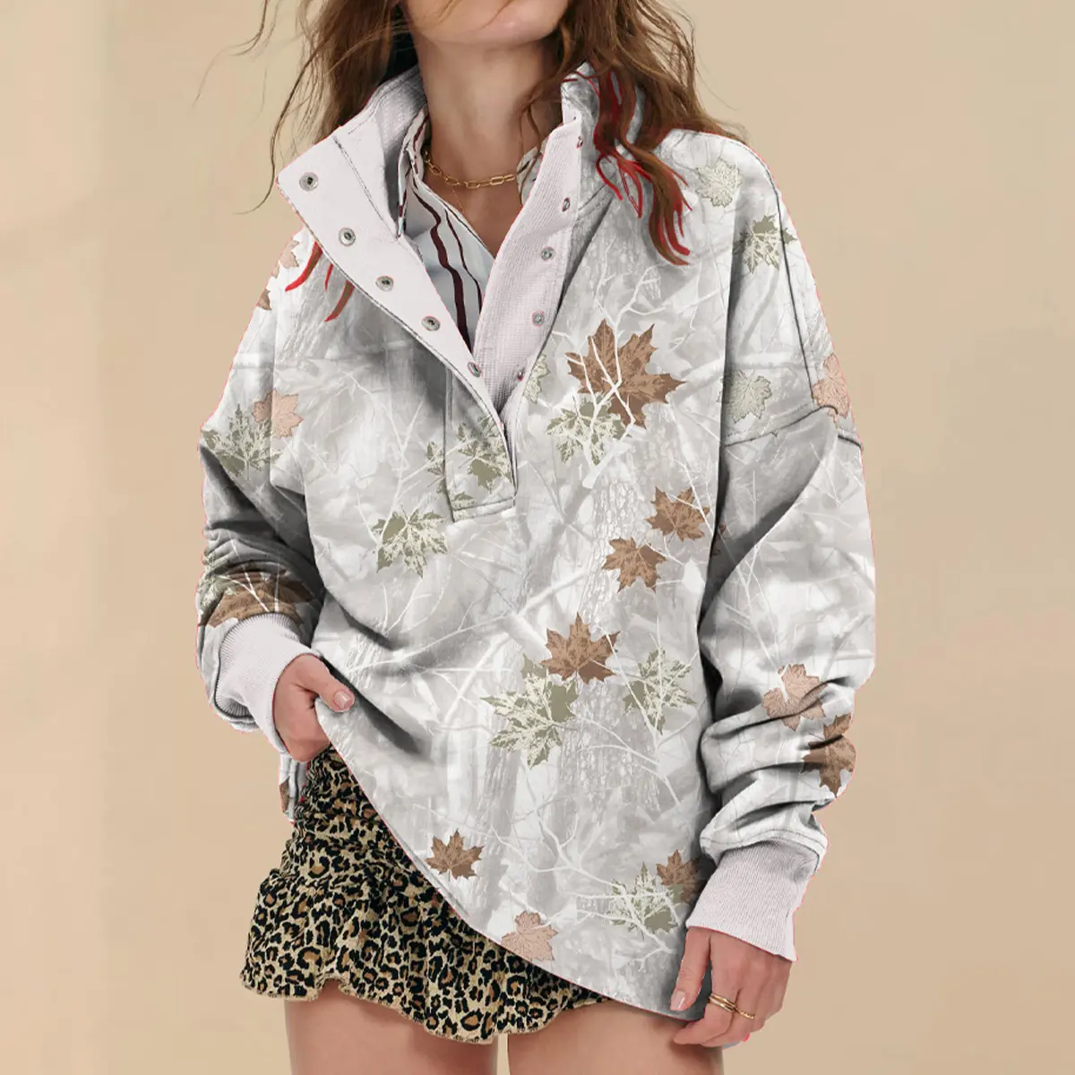 Soesdemo Women's Apricot Oversized Waffle Camo Print Crewneck Sweatshirt - Fleece-Lined Mock Neck, Longsleeves Casual Pullover Hoodie Tunic with Buttons, Cozy Fall Womenswear Top, Women's Clothes,back to school,back to school shopping,sohochic