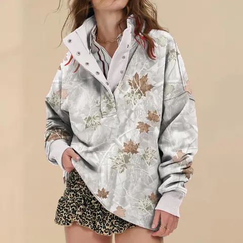 Soesdemo Women's Apricot Oversized Waffle Knit Camo Print Crew Neck Fleece-Lined Mock Neck Long Sleeve Buttoned Casual Pullover Tunic - Cozy and Cute Fall No Hood Top, Waffle Knit Long Sleeve Back to School Womenswear