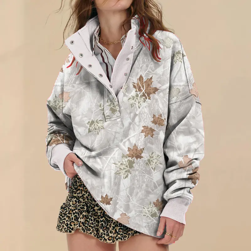 Soesdemo Women's Apricot Oversized Waffle Knit Camo Print Crew Neck Fleece-Lined Mock Neck Long Sleeve Buttoned Casual Pullover Tunic - Cozy and Cute Fall No Hood Top, Waffle Knit Long Sleeve Back to School Womenswear