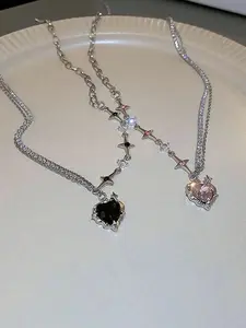 2pcs/Set Sweet & Cool Girl Zirconia Studded Heart & Star Pendant Necklace, Fashionable & Creative Collarbone Chain For Women