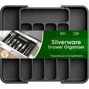 Silverware Organizer - Expandable Kitchen Drawer Organizer, Adjustable Utensil Organizer, Cutlery Tray for Forks, Knives, Multipurpose Kitchen Organizers and Storage Solution, Black, Medium