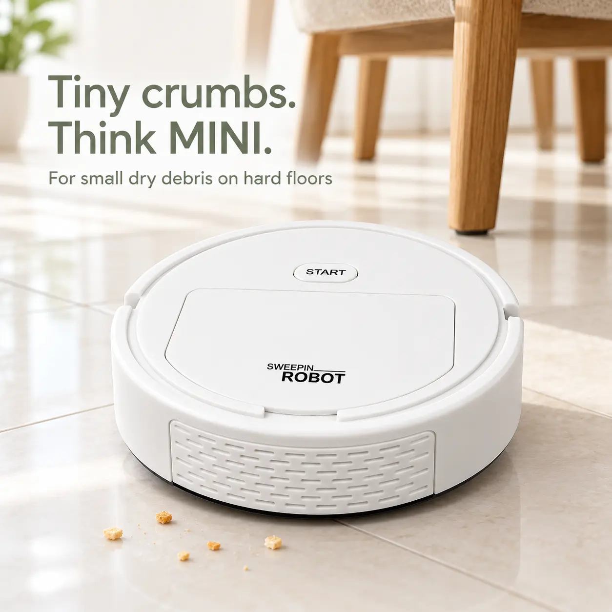 Mini Rechargeable Robot Floor Sweeper for Small Dry Crumbs on Hard Floors, N235 Kitchen and Dining Area Floor Care, One-Button Start, USB-C Charging