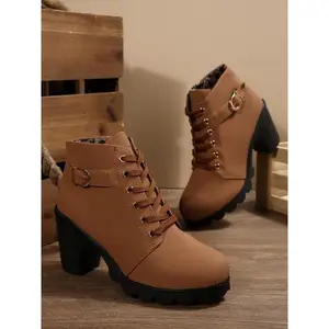 Women's Round Toe High Heel Thick Sole Boots, Side Zipper with Metal Buckle Design, Fashionable Short Boots for Fall & Winter
