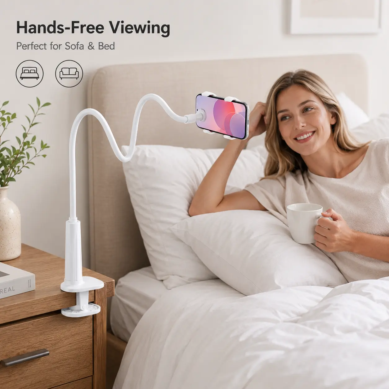 1 Count, flexible gooseneck cell phone holder with 360 rotatable clamp, for bed, sofa and desk to support mobile phones for hands-free viewing.