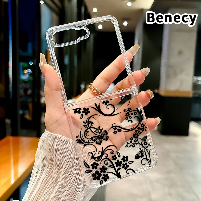 Acrylic Floral Butterflies Scroll Pattern Transparent Smartphone Case for Z Flip 7-6-5-4, Folding Cellphone Cover with Central Axis Protection, Full Lens Coverage for Compatible Devices, Casing