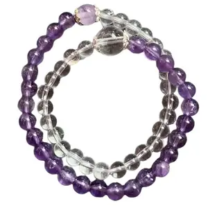 Amethyst & Clear Quartz Double-Wrap Bracelet for Women, 8 mm Crown Chakra Healing Crystal, Anxiety Relief Gift for Girlfriend, Adjustable 18 cm Boho Jewelry