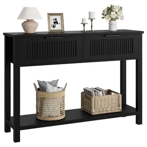 Modern Fluted Console Table with 2 Drawers – Narrow Entryway Sofa Table with Storage Shelf – Ideal for Living Room, Hallway, Foyer – Black