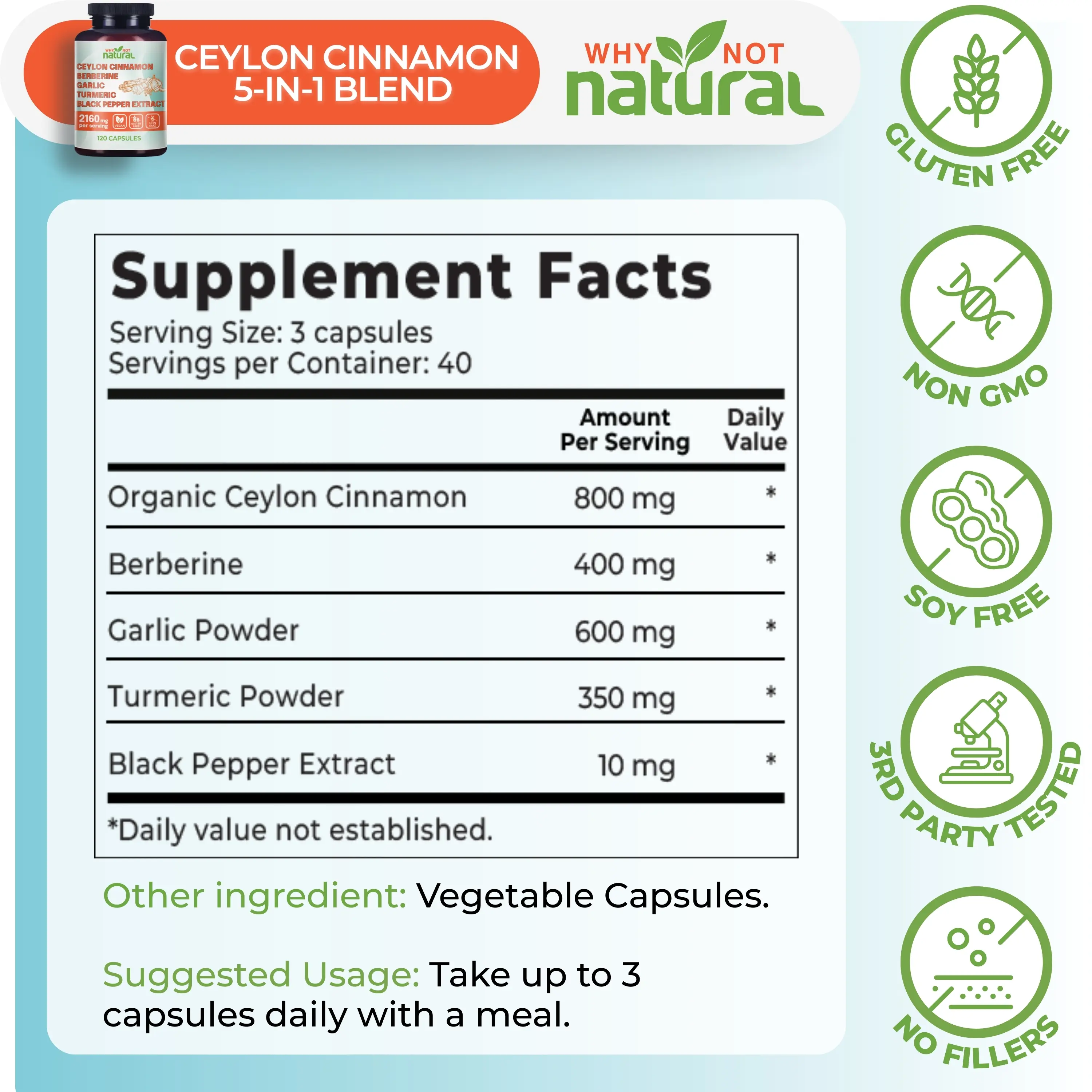 Why Not Natural 5-in-1 Organic Ceylon Cinnamon Capsules with