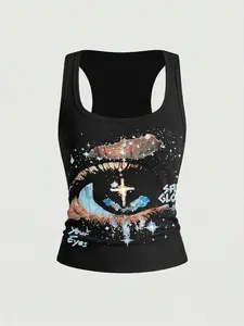 Unisex Streetwear Star Print Vest, Retro Bad Girl Casual Aesthetic Style, Suitable for All Seasons, Versatile for Various Occasions, Womenswear