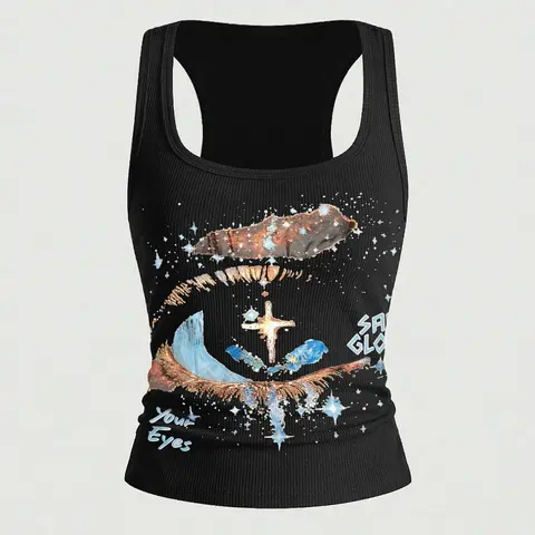 Summer Women's K-Pop Retro Bad Girl Streetwear Galaxy Print Slim Sleeveless Tank Top, Casual Versatile Aesthetic Camisole Vest Top for Various Occasions
