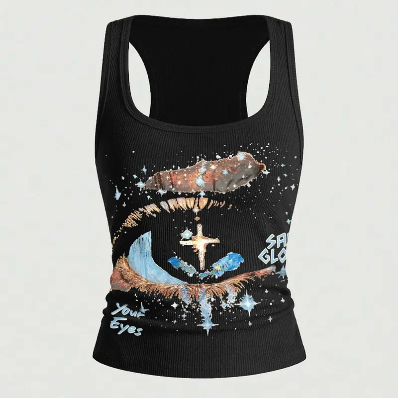 Summer Women's K-Pop Retro Bad Girl Streetwear Galaxy Print Slim Sleeveless Tank Top, Casual Versatile Aesthetic Camisole for Various Occasions Tank Tops Style