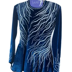 Deep Blue Performance Ice Skating Dress for Young Skaters With Unique Design and Long Velvet Sleeves