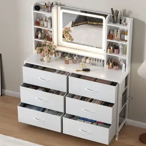 Dresser with Mirror for Bedroom, 42" W Chest of Drawers with 6 Large Fabric Drawers, White Dresser with LED Mirror, Modern Makeup Table Vanity Desk with 6 Storage Shelves, 3 Lighting Modes