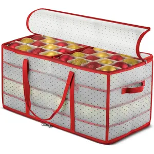 Christmas Ornament Storage Box - Stores 128 Ornaments W/ 2 Sided Zipper - Flexible Plastic Christmas Ornament Storage Containers - 3 Inch Cube Compartments - Red