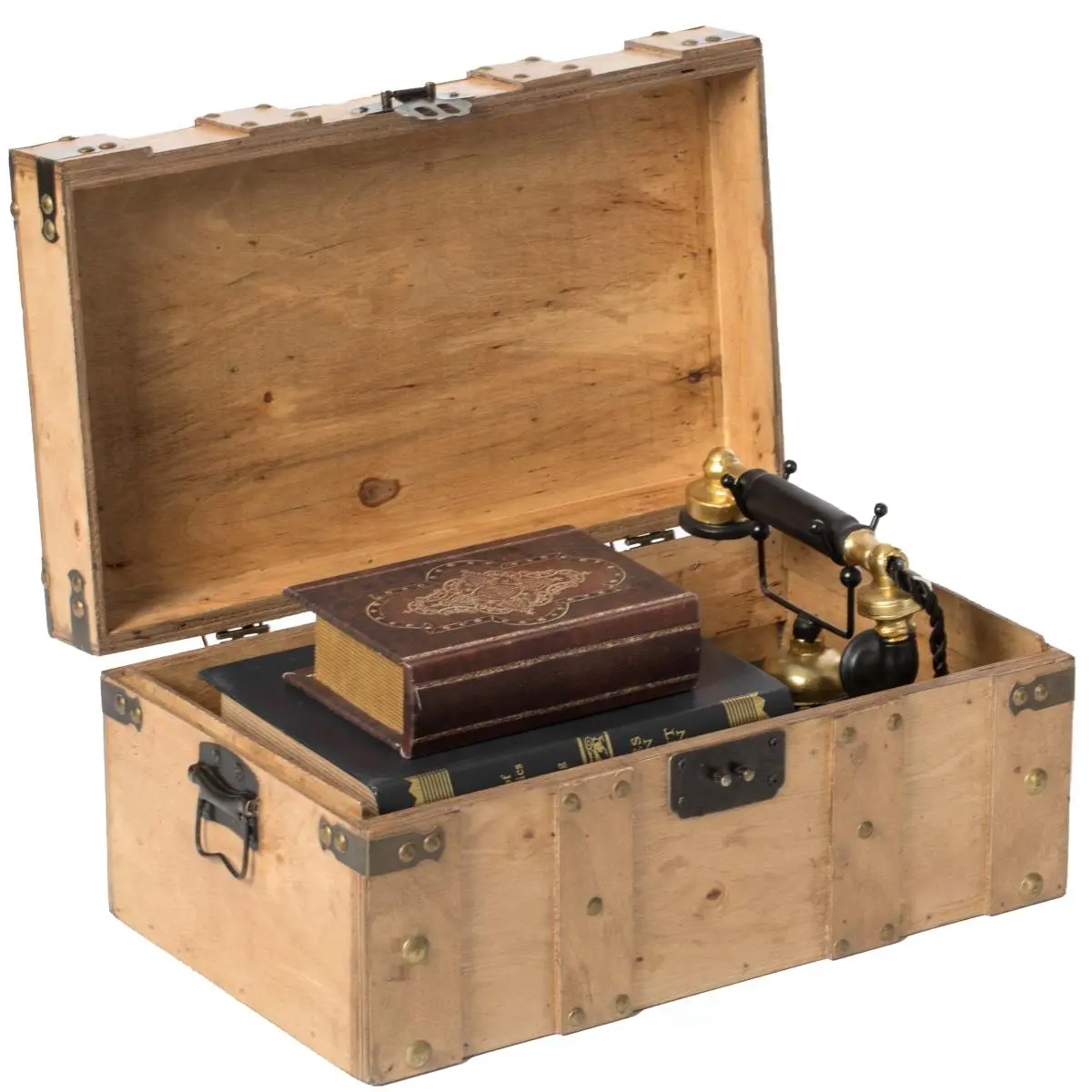 Vintiquewise Large Antique Wooden Trunk with Lid - Metal-Handled Latch Safety Storage Box, Home Organizer Storage Box for Living Room Rustic Room Accent & Vintage Trunk Look, Living Room Storage