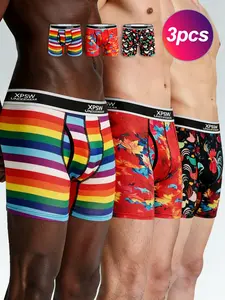3-Piece Men's Fashion Printed Boxer Set, Rainbow Stripes/cedar Leaves/rooster Patterns, Hip-Hop Street Style, Soft Breathable Underwear