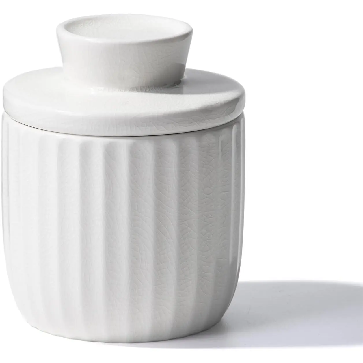Butter Dish, Ceramic Butter Keeper with Water Line for  Spreadable Butter, Cracked Glazed Butter Crock for Counter with Lid (White)