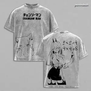 men's t shirts Power Chainsaw Man Tee Washed – The Movie: Reze Arc Vintage Oversized Heavy Cotton Anime Manga T-Shirt, Double Printed Retro Unisex Streetwear Graphic Top Gift for Otaku Fans Menswear Tshirt Tropical Crewneck