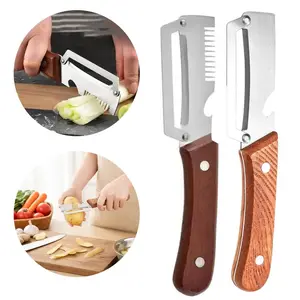 2PCS 2 in 1 Multi-Functional Kitchen Peeler – Ultra-Sharp Stainless Steel Vegetable and Fruit Peeler with Wooden Handle, Bottle Opener, and Julienne/Shred Cutter, Durable Kitchen Gadget