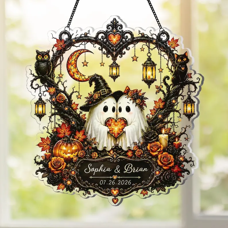 Personalized Ghost Couple Heart Suncatcher, Ghost Wedding Suncatcher, Vintage Halloween Decor, Spooky Wedding Decor, Bride Groom Keepsake, Till Death Do Us Part, Anniversary Gifts for Him