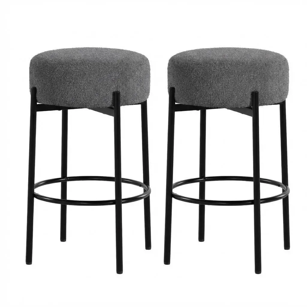 YJ-Garvee Lambswool Round Bar Stools Set of 2, 2 chairs，24" Modern Backless Bar Stools, Sherpa Upholstered with Foot Rest for Kitchen Island, Counter, Cafes，Dark Grey