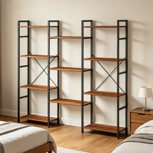 Industrial Triple Wide 4-Tier Bookcase - Rustic Brown Wood & Black Metal Shelving Unit with 11 Open Shelves, Adjustable Ft, Easy Assembly for Home, Office