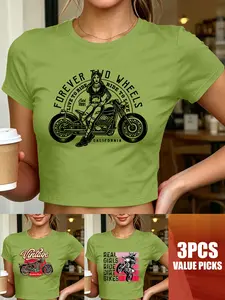 3pcs Women's Cropped Crew Neck T-Shirt, "SPICY" Chili Slogan Print, Multiple Colors Available, Machine Washable, Spring & Summer Top, Soft Skin-Friendly Fabric, Daily Versatile, Fashion Design