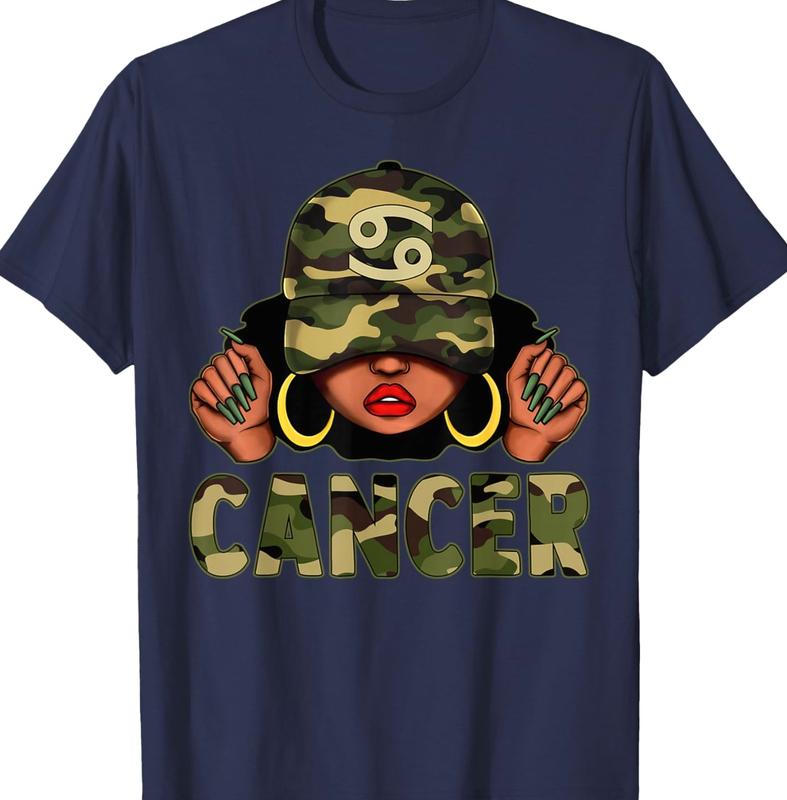 Cancer Queen Black Woman With Cap Camo Afro Girl Zodiac T-Shirt Hoodie Sweatshirt Unisex Cotton