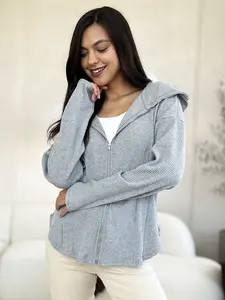 Culture Code Full Size Ribbed Zip Up Drawstring Hooded Jacket Basic Womenswear Women Coats Style Tops