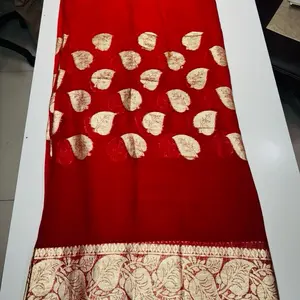 Red Teej Sari Pure Viscose Jari Work with Gold Leaf Patterns and Border Design