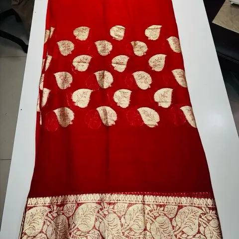 Red Teej Sari Pure Viscose Jari Work with Gold Leaf Patterns and Border Design