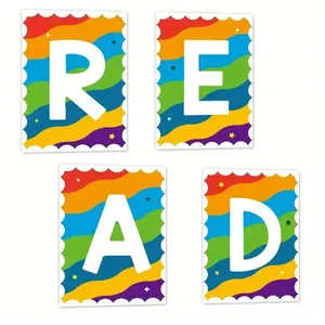 4 Reading Posters Classroom Decor, Colorful Educational Wall Art with Rainbow Letters, Stars, and Dots Design, Perfect Room Decoration