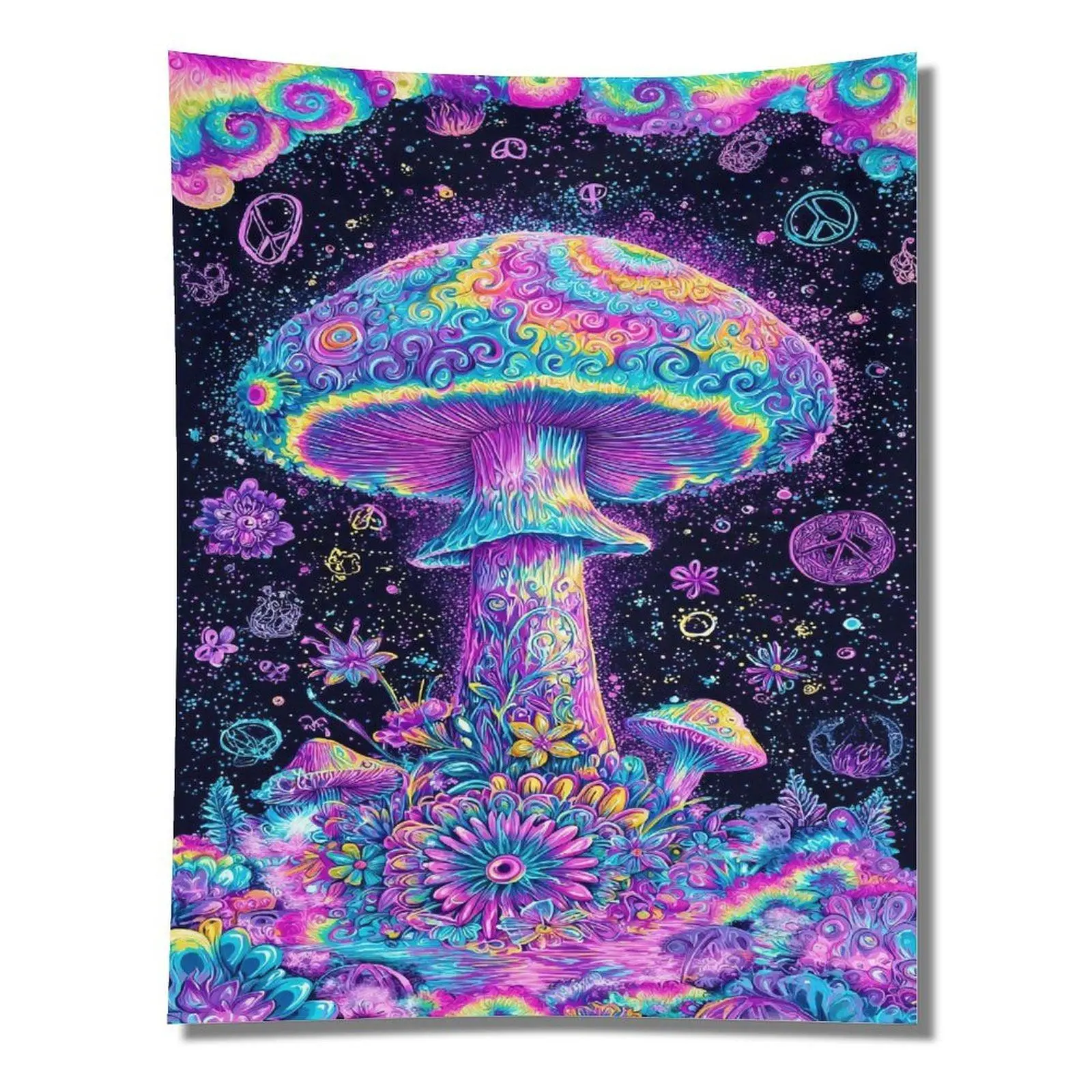 Neon Swirl Psychedelic Peace Sign Magic Mushroom Starry Night Wall Tapestry - Anti-Wear Cloth Wall Decor, Whimsical Home Decor, Gentle Wash Hippie Trippy Cottagecore Dorm Backdrop, Multiple