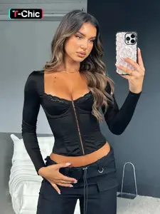 Women's Lace Button Front Long Sleeve Top, Elegant Casual Chic Blouse for Spring & Fall, Ladies Fashion Clothing Womenswear for Daily Wear