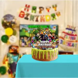 Pixel Mining Game Cake Topper Set, Retro Gaming Themed Cupcake Decorations, Kids Birthday Party Supplies, 1pcs Decorative Item